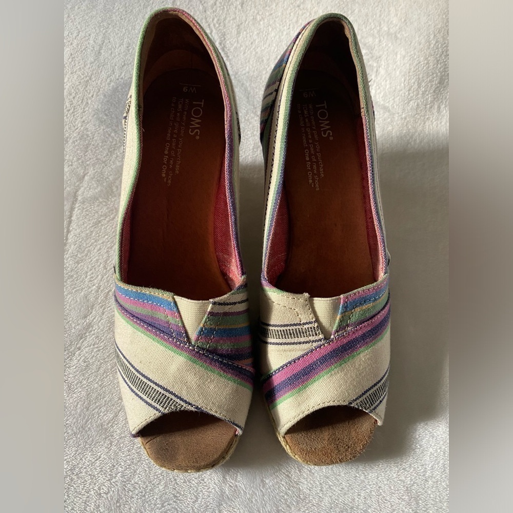 Toms Women’s Shoes Wedges‎ Peep Toe Espadrilles Stripes Multicolored Size 9